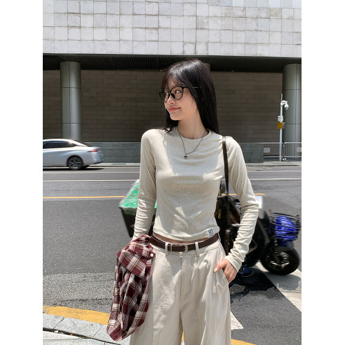 宋正恩短款打底衫女秋季新款內搭純棉修身磨毛正肩長袖t恤女上衣