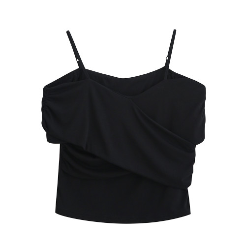 羋小可黑色一字肩短袖t恤女夏季辣妹修身設計感小衆露肩短款上衣