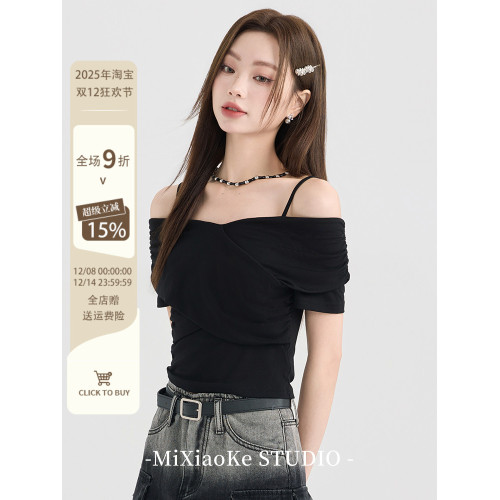 羋小可黑色一字肩短袖t恤女夏季辣妹修身設計感小衆露肩短款上衣