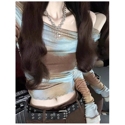 美式復古紥染一字肩長袖上衣女夏季修身性感辣妹防曬罩衫短款t恤