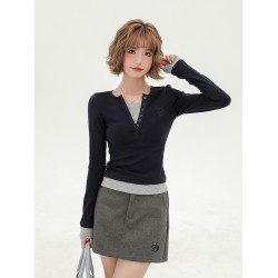 Girlyhalo美式簡約假兩件長袖t恤女秋季新款修身內搭打底衫上衣