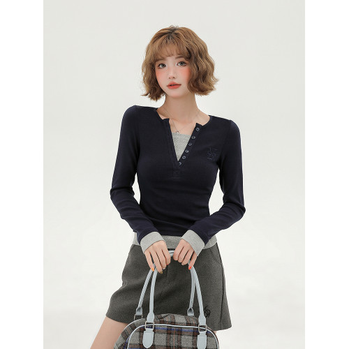 Girlyhalo美式簡約假兩件長袖t恤女秋季新款修身內搭打底衫上衣