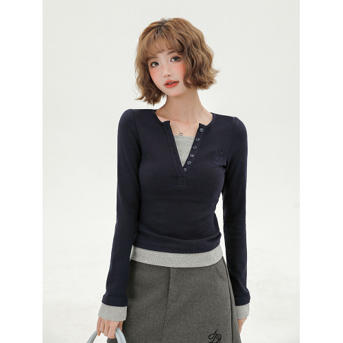 Girlyhalo美式簡約假兩件長袖t恤女秋季新款修身內搭打底衫上衣