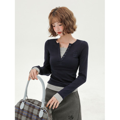 Girlyhalo美式簡約假兩件長袖t恤女秋季新款修身內搭打底衫上衣