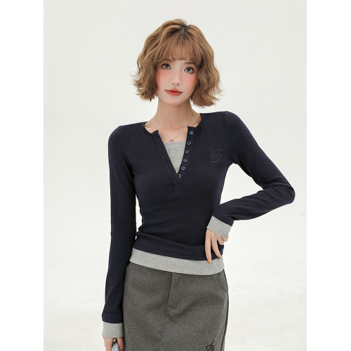 Girlyhalo美式簡約假兩件長袖t恤女秋季新款修身內搭打底衫上衣