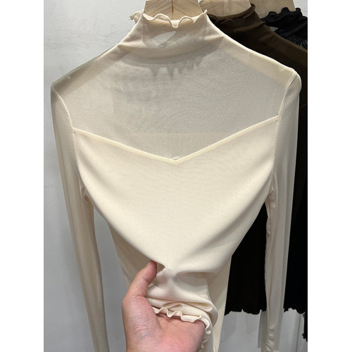 木耳邊半高領網紗長袖T恤女2025春秋新款洋氣時尚內搭打底衫上衣 木耳邊半高領網紗長袖T恤女2025春秋新款洋氣時尚內搭打底衫上衣