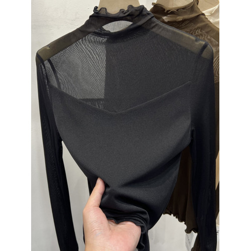 木耳邊半高領網紗長袖T恤女2025春秋新款洋氣時尚內搭打底衫上衣 木耳邊半高領網紗長袖T恤女2025春秋新款洋氣時尚內搭打底衫上衣