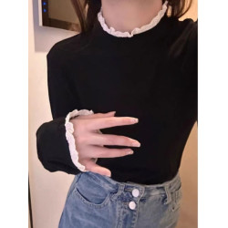 半高領打底衫女內搭春秋冬2025新款修身長袖T恤設計感花邊上衣服