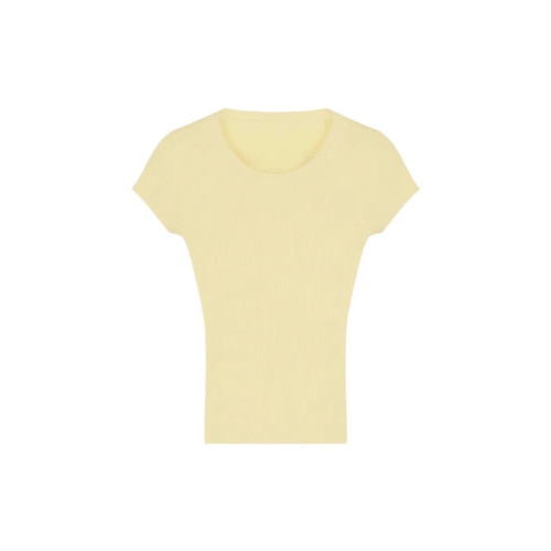 黃色正肩圓領冰絲短袖T恤女修身顯瘦掐腰風情萬種上衣2025新款夏