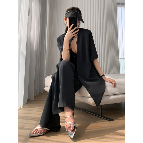薄款黑色西裝外套女2025夏新款時尚氣質高級感顯瘦濶腿褲西服套裝 薄款黑色西裝外套女2025夏新款時尚氣質高級感顯瘦濶腿褲西服套裝