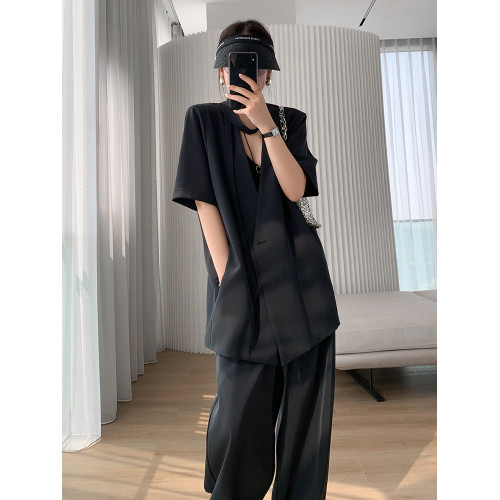 薄款黑色西裝外套女2025夏新款時尚氣質高級感顯瘦濶腿褲西服套裝 薄款黑色西裝外套女2025夏新款時尚氣質高級感顯瘦濶腿褲西服套裝