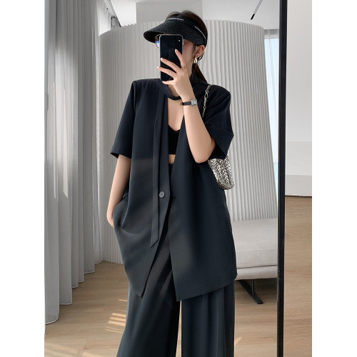 薄款黑色西裝外套女2025夏新款時尚氣質高級感顯瘦濶腿褲西服套裝 薄款黑色西裝外套女2025夏新款時尚氣質高級感顯瘦濶腿褲西服套裝