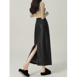 艾格黑色開叉皮裙女秋冬高腰a字顯瘦直筒一步pu皮半身包臀長裙子