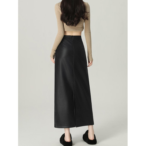 艾格黑色開叉皮裙女秋冬高腰a字顯瘦直筒一步pu皮半身包臀長裙子 艾格黑色開叉皮裙女秋冬高腰a字顯瘦直筒一步pu皮半身包臀長裙子