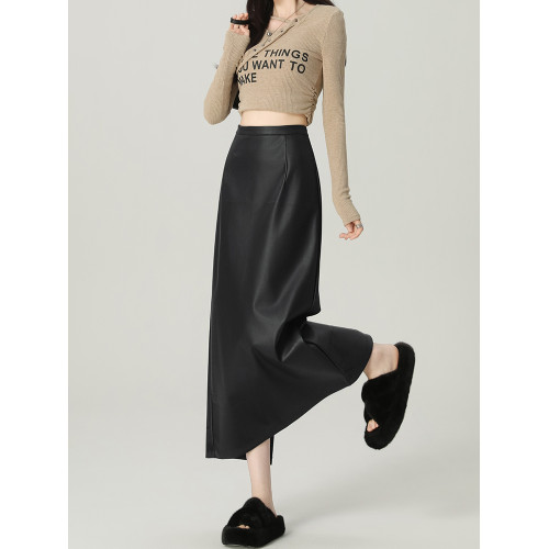 艾格黑色開叉皮裙女秋冬高腰a字顯瘦直筒一步pu皮半身包臀長裙子 艾格黑色開叉皮裙女秋冬高腰a字顯瘦直筒一步pu皮半身包臀長裙子