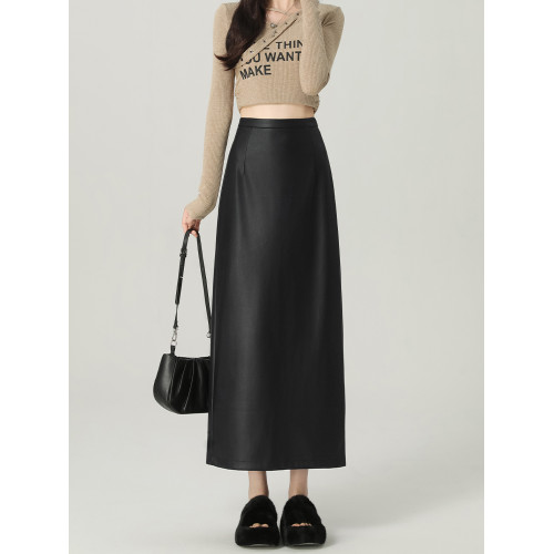 艾格黑色開叉皮裙女秋冬高腰a字顯瘦直筒一步pu皮半身包臀長裙子 艾格黑色開叉皮裙女秋冬高腰a字顯瘦直筒一步pu皮半身包臀長裙子