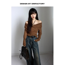 呆毛 設計感蕩領系帶長袖T恤女春秋不規則修身顯瘦褶皺一字肩上衣