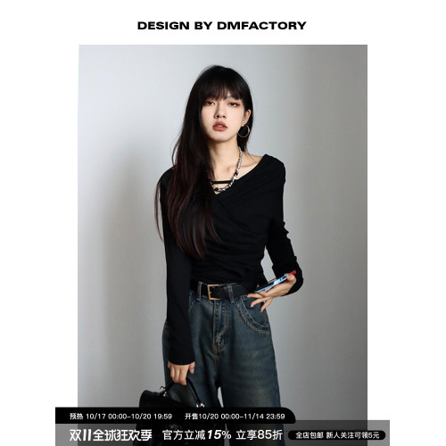 呆毛 設計感蕩領系帶長袖T恤女春秋不規則修身顯瘦褶皺一字肩上衣 呆毛 設計感蕩領系帶長袖T恤女春秋不規則修身顯瘦褶皺一字肩上衣