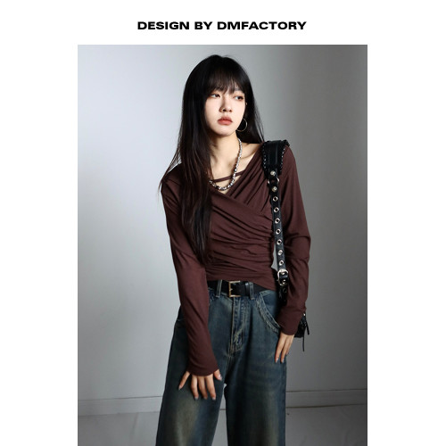 呆毛 設計感蕩領系帶長袖T恤女春秋不規則修身顯瘦褶皺一字肩上衣 呆毛 設計感蕩領系帶長袖T恤女春秋不規則修身顯瘦褶皺一字肩上衣