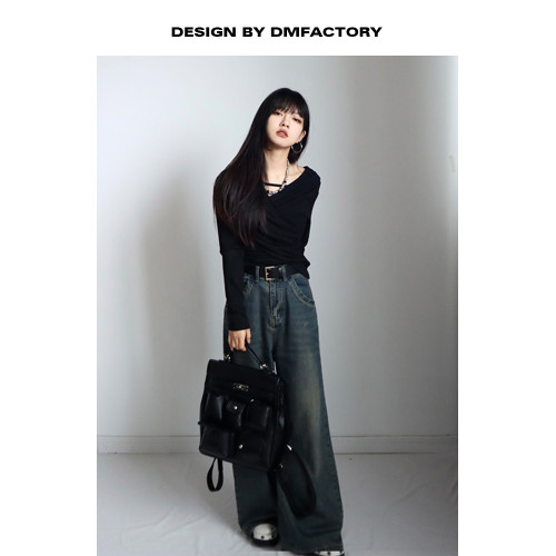 呆毛 設計感蕩領系帶長袖T恤女春秋不規則修身顯瘦褶皺一字肩上衣 呆毛 設計感蕩領系帶長袖T恤女春秋不規則修身顯瘦褶皺一字肩上衣