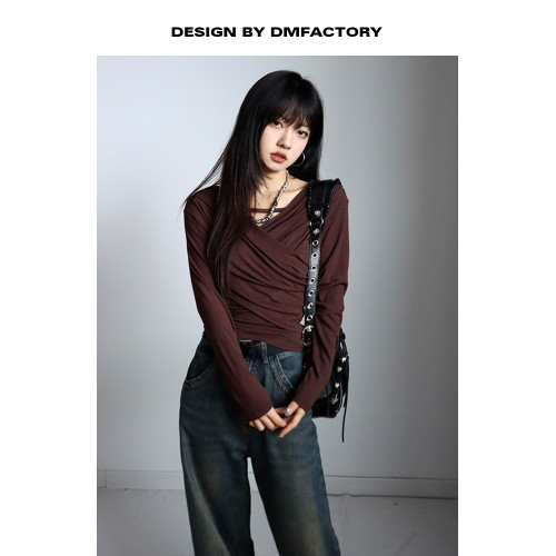 呆毛 設計感蕩領系帶長袖T恤女春秋不規則修身顯瘦褶皺一字肩上衣 呆毛 設計感蕩領系帶長袖T恤女春秋不規則修身顯瘦褶皺一字肩上衣