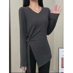 大碼女裝不規則開叉黑色v領長袖t恤女早秋微胖mm修身顯瘦長款上衣