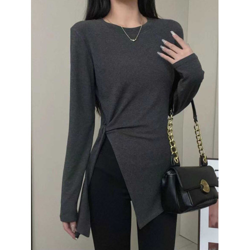 大碼女裝不規則開叉黑色v領長袖t恤女早秋微胖mm修身顯瘦長款上衣