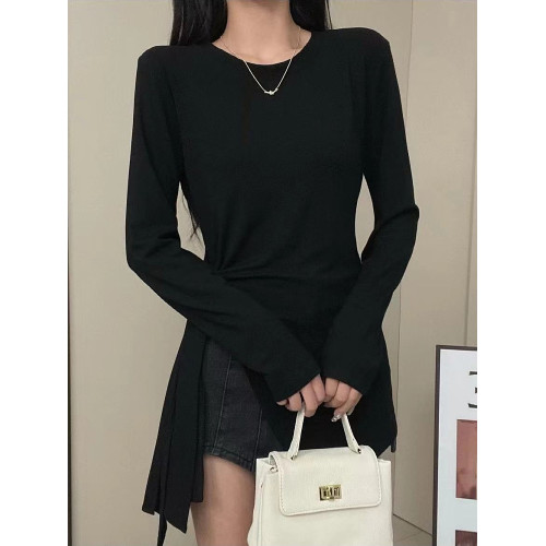 大碼女裝不規則開叉黑色v領長袖t恤女早秋微胖mm修身顯瘦長款上衣