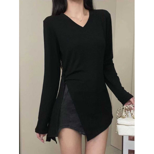 大碼女裝不規則開叉黑色v領長袖t恤女早秋微胖mm修身顯瘦長款上衣