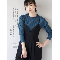 日單春秋基礎款多色人氣百搭螺紋彈力木耳邊長袖圓領T恤打底衫女