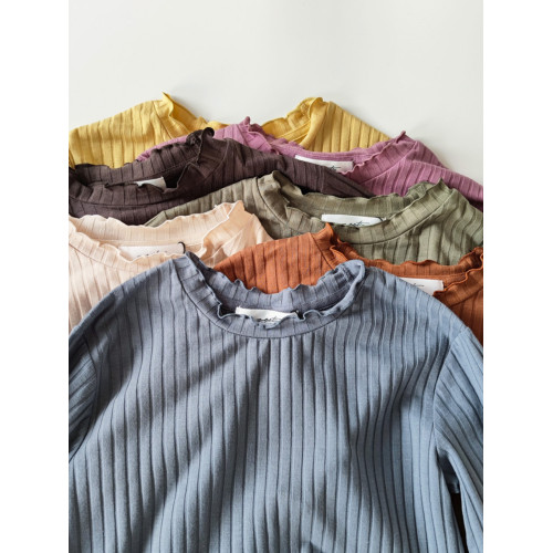 日單春秋基礎款多色人氣百搭螺紋彈力木耳邊長袖圓領T恤打底衫女 日單春秋基礎款多色人氣百搭螺紋彈力木耳邊長袖圓領T恤打底衫女