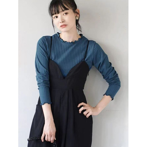 日單春秋基礎款多色人氣百搭螺紋彈力木耳邊長袖圓領T恤打底衫女 日單春秋基礎款多色人氣百搭螺紋彈力木耳邊長袖圓領T恤打底衫女