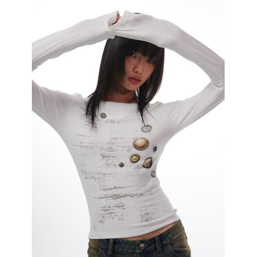 THELIGHT2025SS原創新款白色長袖打底t恤 很多釦子有印的有縫的