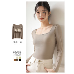 方領長袖帶胸墊T恤女秋冬2025年新款內搭打底衫免穿文胸針織上衣