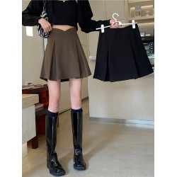 大碼胖mm卡其色高腰包臀半身裙女春秋毛呢a字百褶裙顯瘦jk短裙子