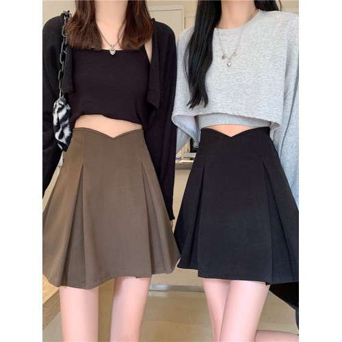 大碼胖mm卡其色高腰包臀半身裙女春秋毛呢a字百褶裙顯瘦jk短裙子