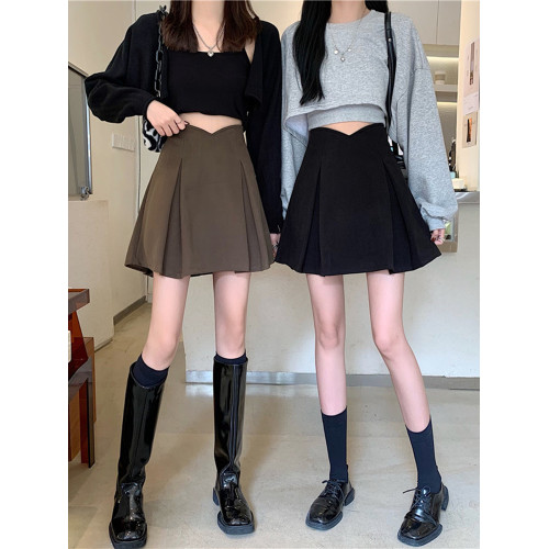 大碼胖mm卡其色高腰包臀半身裙女春秋毛呢a字百褶裙顯瘦jk短裙子