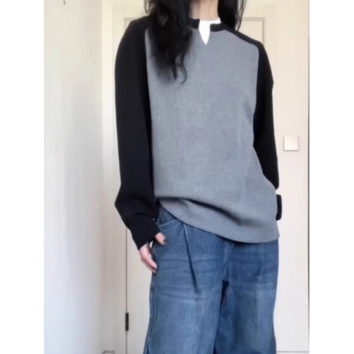 純棉美式復古假兩件長袖T恤女秋季新款大碼胖mm休閒寬松顯瘦上衣