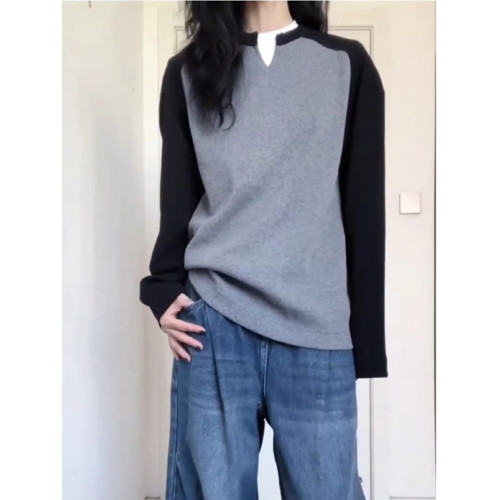 純棉美式復古假兩件長袖T恤女秋季新款大碼胖mm休閒寬松顯瘦上衣