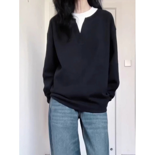 純棉美式復古假兩件長袖T恤女秋季新款大碼胖mm休閒寬松顯瘦上衣