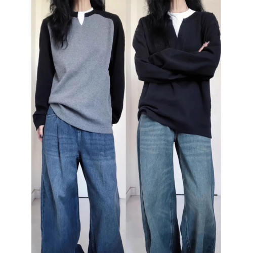 純棉美式復古假兩件長袖T恤女秋季新款大碼胖mm休閒寬松顯瘦上衣