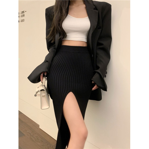 辣妹性感針織半身裙女春秋修身開叉包臀裙高腰小個子顯瘦中長裙子
