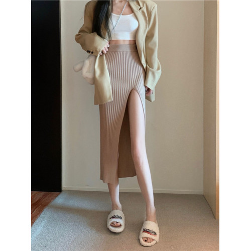 辣妹性感針織半身裙女春秋修身開叉包臀裙高腰小個子顯瘦中長裙子