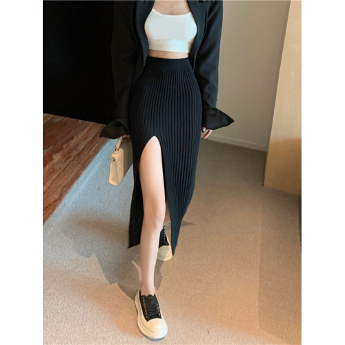 辣妹性感針織半身裙女春秋修身開叉包臀裙高腰小個子顯瘦中長裙子