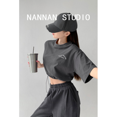 街頭美式露腰抽繩束腰短款爵士韓舞T恤女春秋休閒寬鬆短袖上衣潮