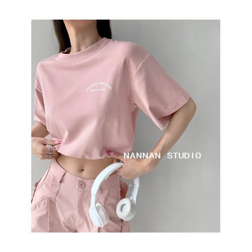 街頭美式露腰抽繩束腰短款爵士韓舞T恤女春秋休閒寬鬆短袖上衣潮