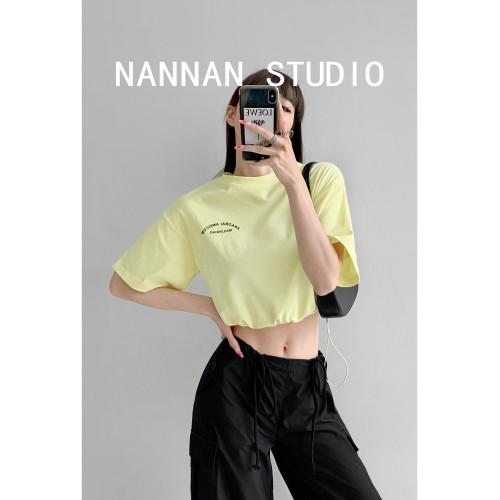 街頭美式露腰抽繩束腰短款爵士韓舞T恤女春秋休閒寬鬆短袖上衣潮