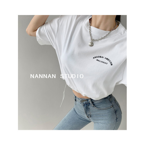 街頭美式露腰抽繩束腰短款爵士韓舞T恤女春秋休閒寬鬆短袖上衣潮