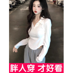 大碼polo領長袖T恤女短款白色純棉V領打底衫正肩翻領上衣胖mm春秋