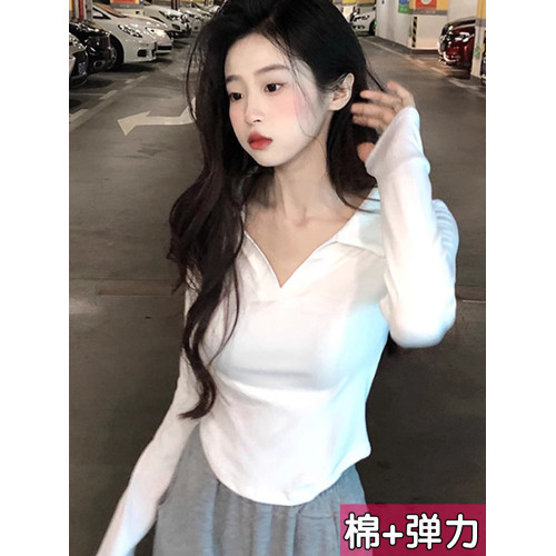 大碼polo領長袖T恤女短款白色純棉V領打底衫正肩翻領上衣胖mm春秋